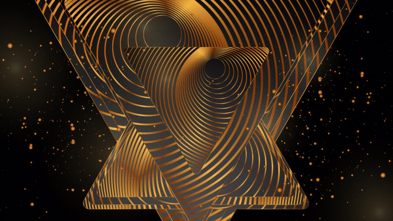 Black geometric triangles with golden circular design abstract motion background