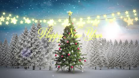 Animation-of-happy-new-year-text-with-fairy-lights-over-christmas-tree-and-winter-landscape