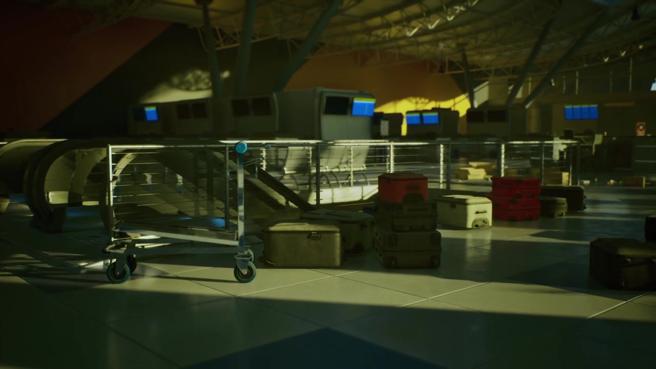Zona de check-in vazia com carrinhos empilhados e reflexos brilhantes de azulejos.