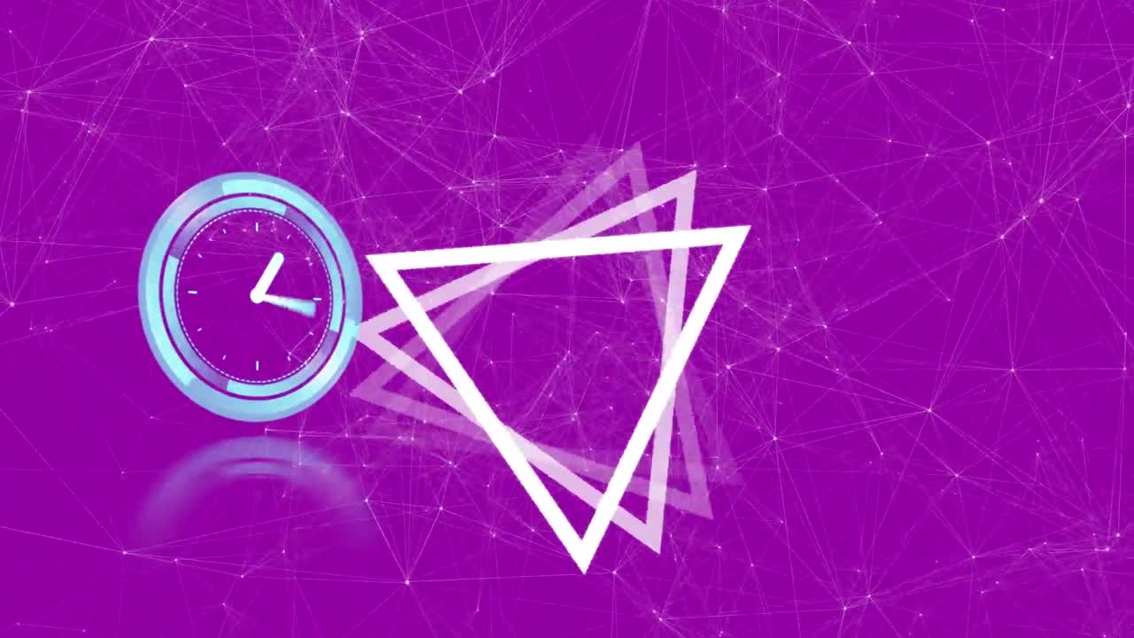 Animazione di orologio in movimento e triangoli che ruotano su sfondo rosa con connessioni.