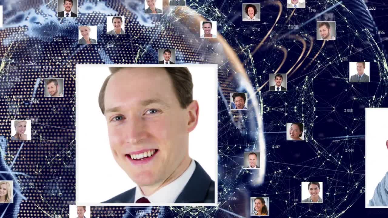 Animation of globe with network of connections and people's photos