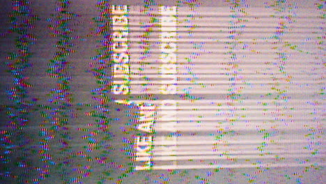 like and subscribe, vertical title, black and white, on glitch background, retro vhs style