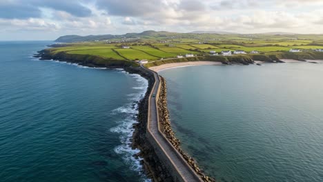 aerial view of coastal road encircling tranquil beach and lush green fields along the shoreline, capturing the beauty of nature's landscape