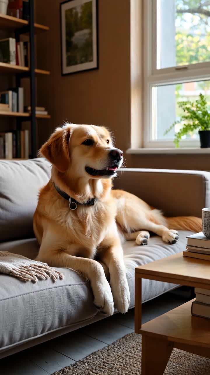 Golden Retriever Dog Relaxing on a Couch in a Cozy Living Room ...