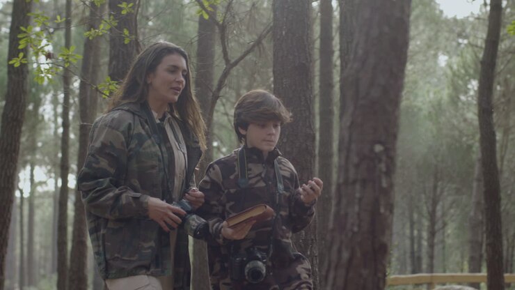 Caucasian mother and her young son walking in forest and exploring wildlife on an autumn day