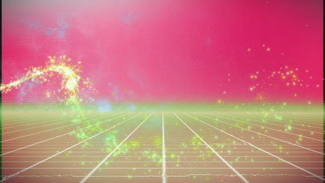 forming curve over grid, glowing green particles with pink background animation