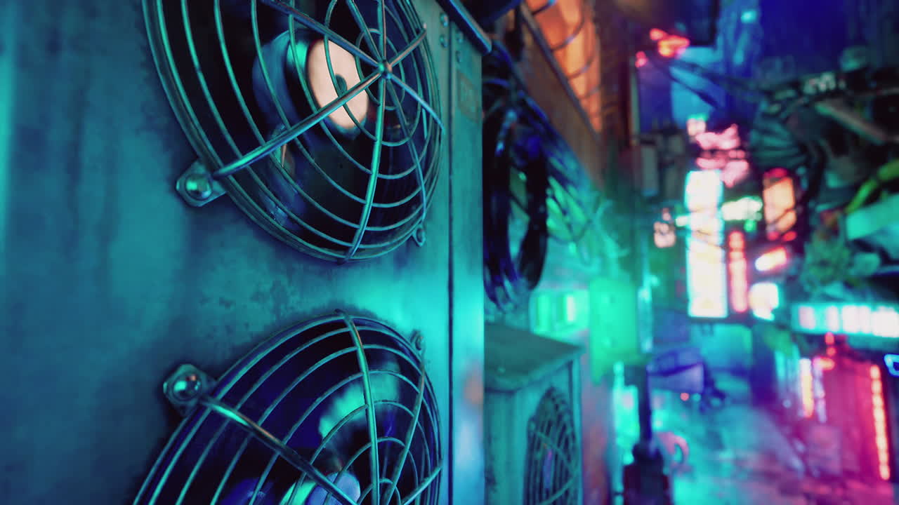 paisaje urbano cyberpunk con luces de neón brillantes y ventiladores de refrigeración industriales