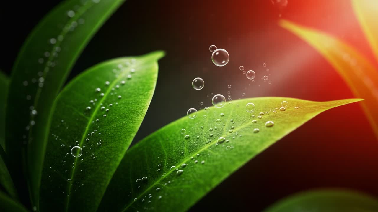 Primo piano di foglie coperte di rugiada con bolle scintillanti che riflettono la luce in un'atmosfera verde lussureggiante.