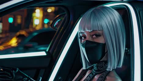 cyberpunk woman in a car at night