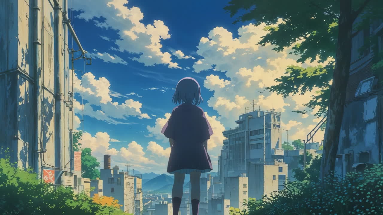 Anime Girl Overlooking a Vibrant Cityscape Under a Cloudy Sky