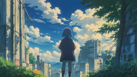 anime girl overlooking a vibrant cityscape under a cloudy sky