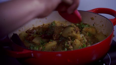 usando una cuchara de silicona para agitar el curry de papaya en una olla de hierro fundido verde y maduro amarillo papaya orgánica fresca