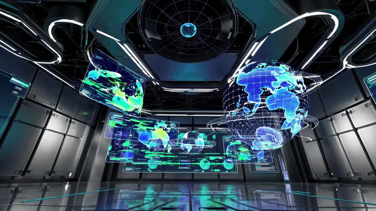 Futuristic control room with digital globes and screens