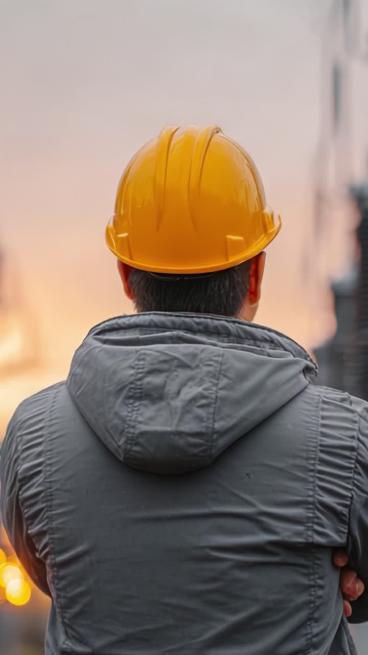 Construction Worker in Yellow Hard Hat Observing Sunset Over Urban Landscape, Reflecting on Safety, Challenges, and Future Projects in Development