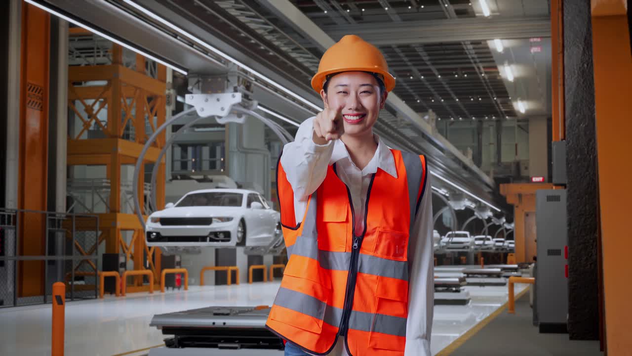 안전 헬을 입은 아시아 여성 엔지니어가 웃으며 가을 만지며 ev 자동차 공장에서 서있는 동안 당신을 가리키고 있습니다.