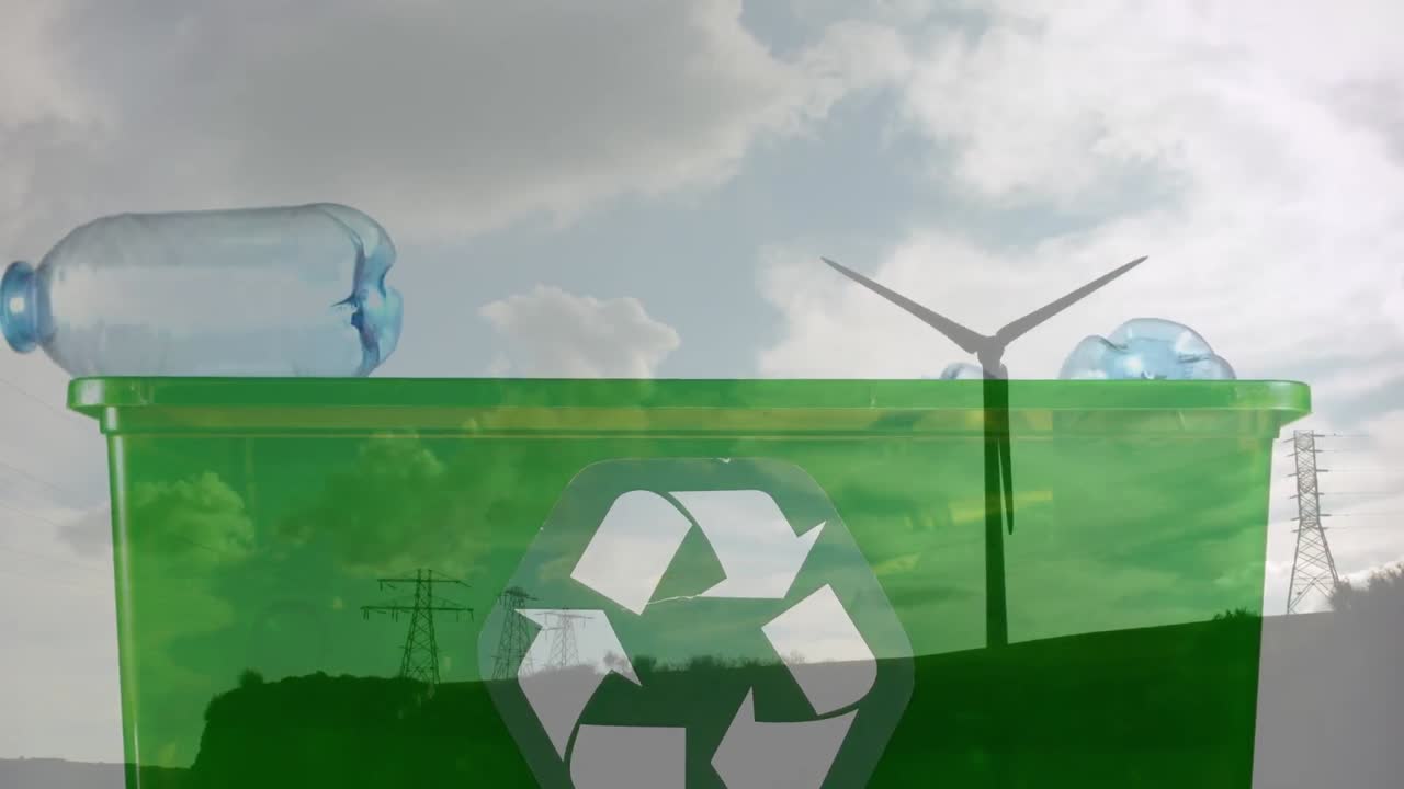 animación de una caja verde de reciclaje con cajas de plástico y turbinas eólicas