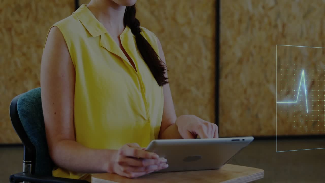Woman tapping tablet at desk hologram ECG data panels growing shifting, overlaying torso, receding