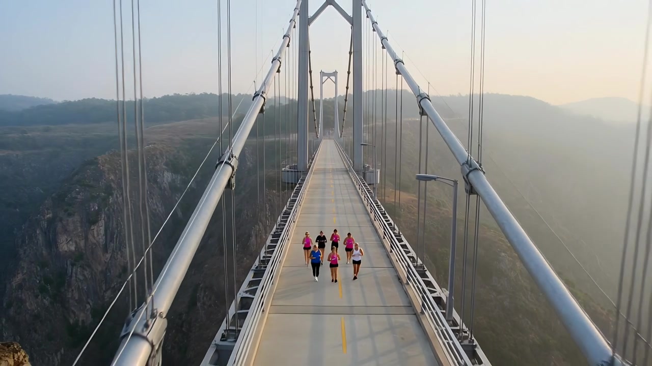 Running seven adults starting training run, keeping formation on suspension bridge in running gear