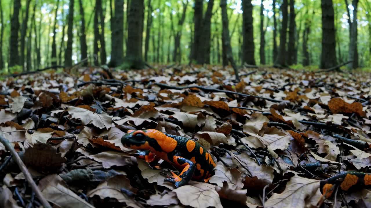 Low-angle shot of a vibrant orange frog on autumn leaves in a forest, creating a dynamic, immersive