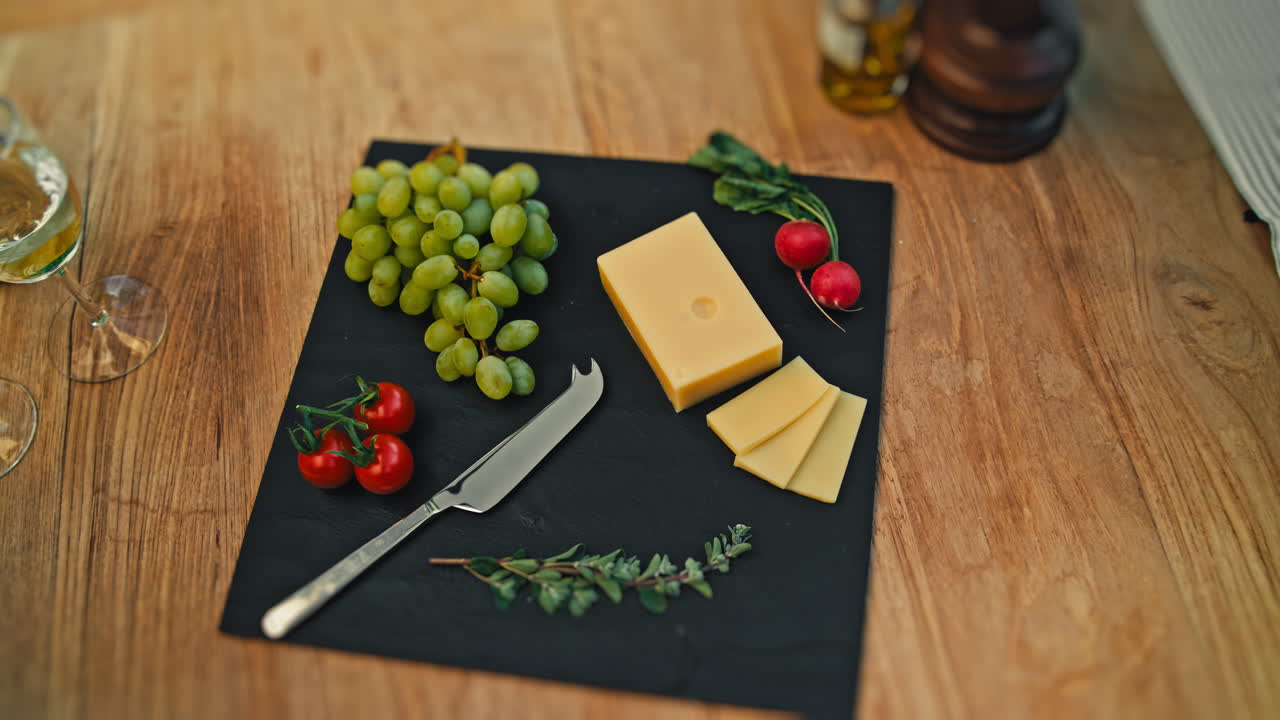 Topshot of a plate with mouthwatering snacks like cheese and grapes. Great for food vlogs, recipe videos, and appetizing product presentations
