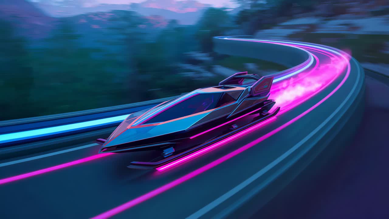Curva a destra, un'elegante imbarcazione sfreccia su un viadotto di montagna al crepuscolo, lasciando scie rosa neon e blu