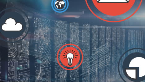 animación de iconos de medios sobre la sala del servidor