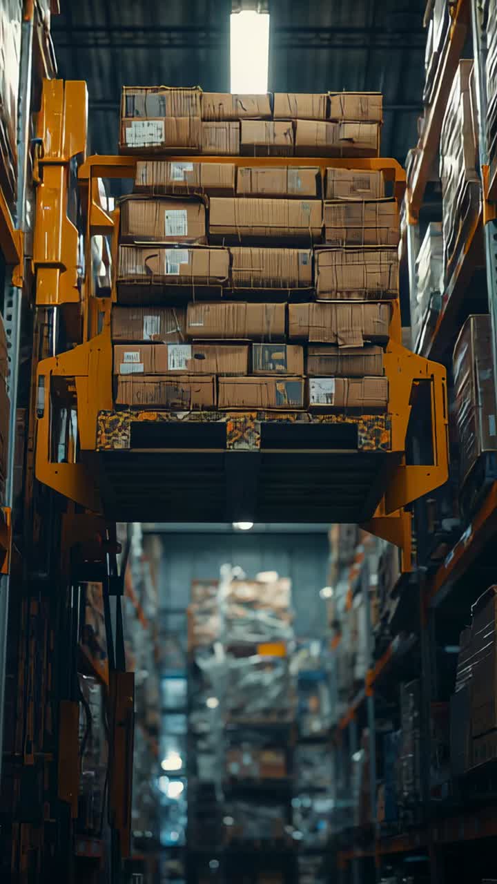 Vertical video: Rising yellow lift holding labeled boxes on pallet in warehouse for rack pickup
