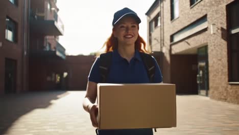 joyful delivery person carrying a package in a cheerful environment, embracing the spirit of service and happiness in every step of the delivery journey