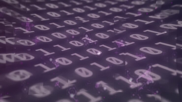Animation of molecular structures over binary coding data processing against purple background