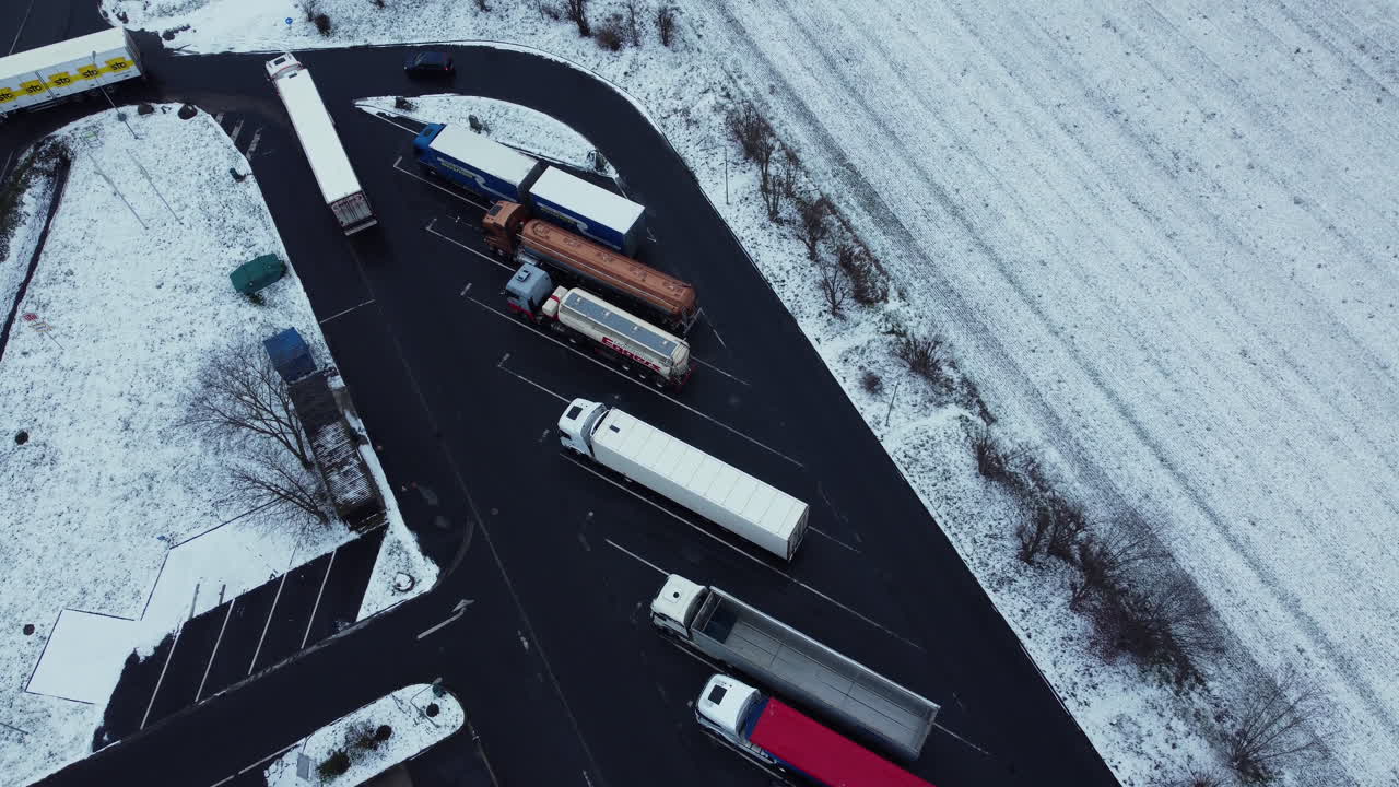 Snowy Truck Stop Aerial View