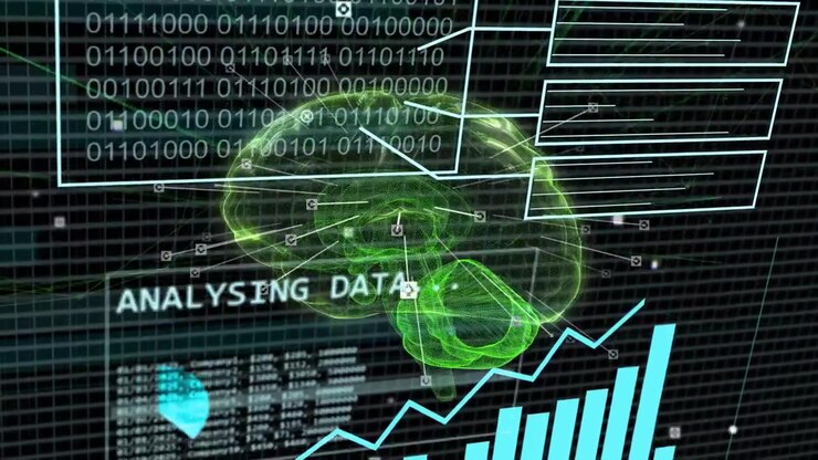 Cyan percentages appearing, neon brain hologram sending link lines and panels growing to scan data
