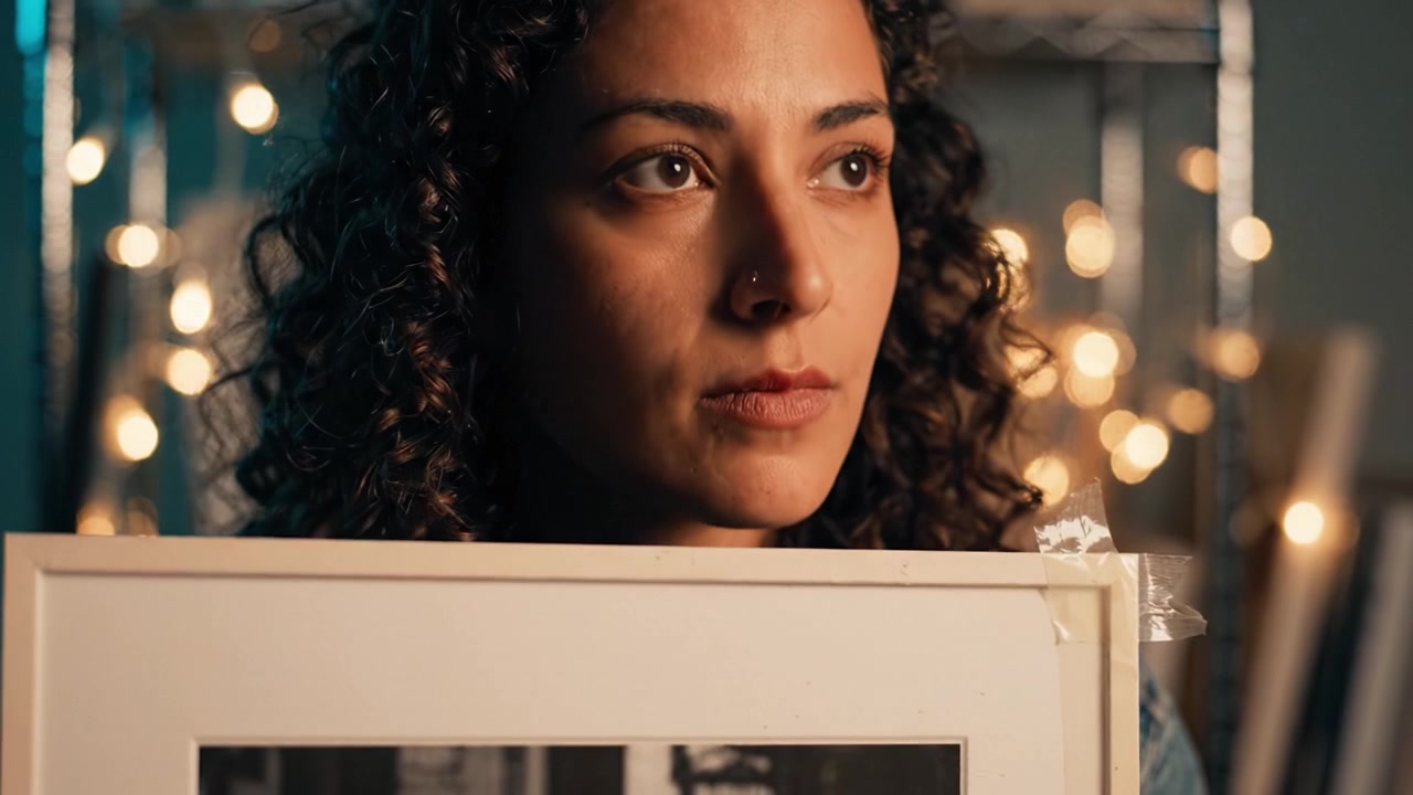 Una donna che tiene una fotografia incorniciata in bianco e nero, persa nei pensieri, illuminata da luci bokeh soffuse, che trasmette un senso di nostalgia e riflessione sui ricordi