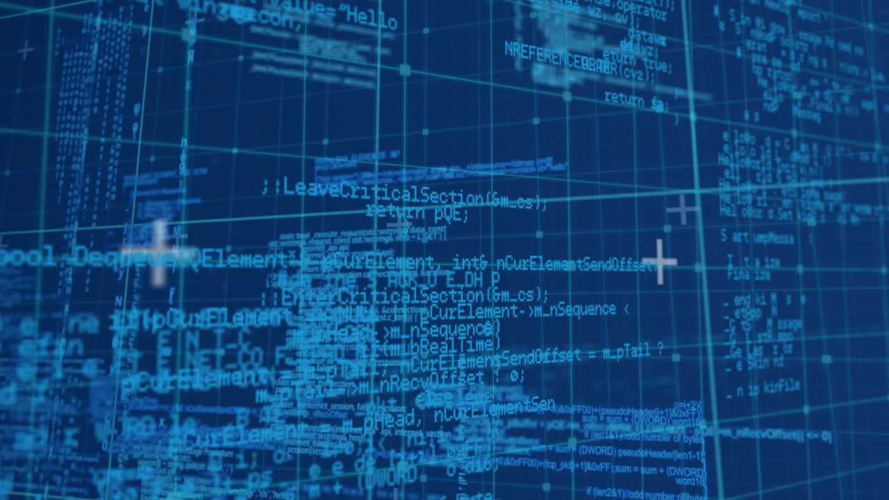 Animation of digital data processing over grid on blue background