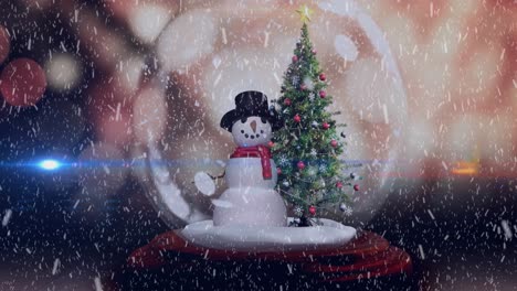 Animation-Von-Schnee,-Der-über-Eine-Schneekugel-Mit-Schneemann-Und-Weihnachtsbaum-Fällt