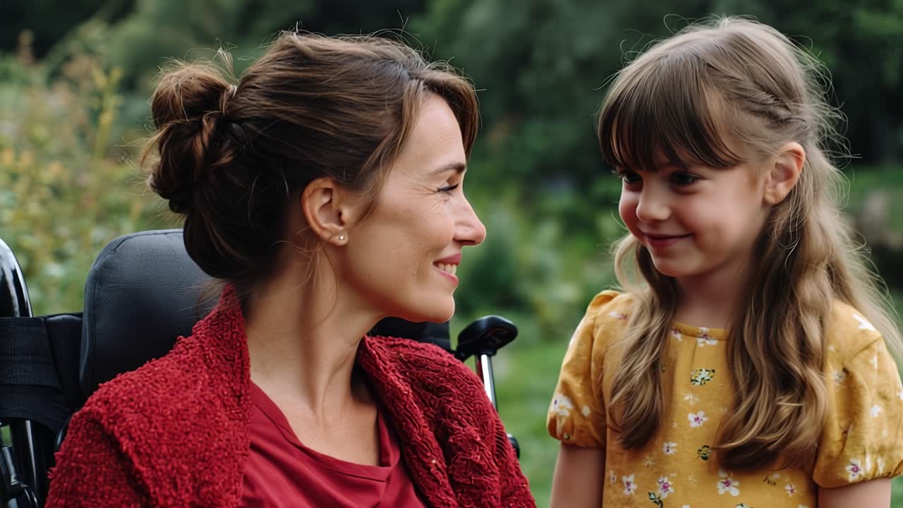 Una donna è seduta su una sedia a rotelle, sorridendo dolcemente. Una bambina le bacia la guancia, piena d'affetto. Condividono un momento tenero, con gli occhi chiusi e i cuori vicini. Luce naturale, messa a fuoco morbida, ambiente esterno pacifico.