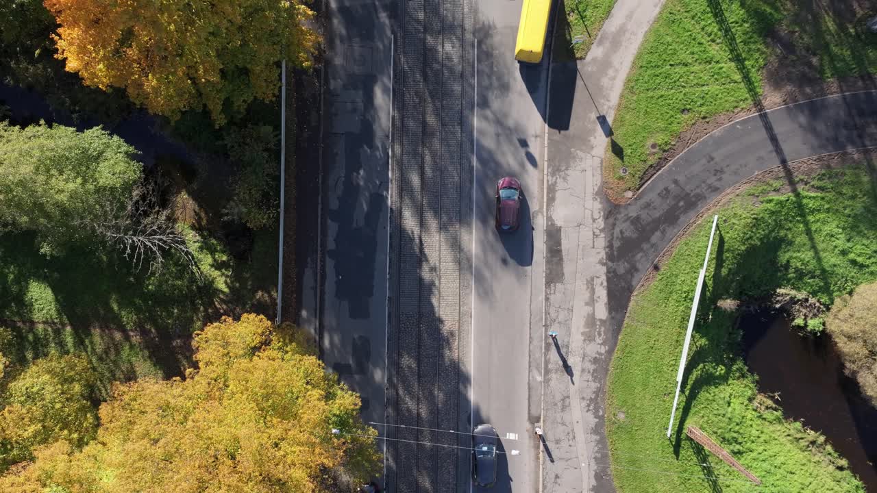 Aerial of quiet road in autumn with moving car and shadows of tall golden trees