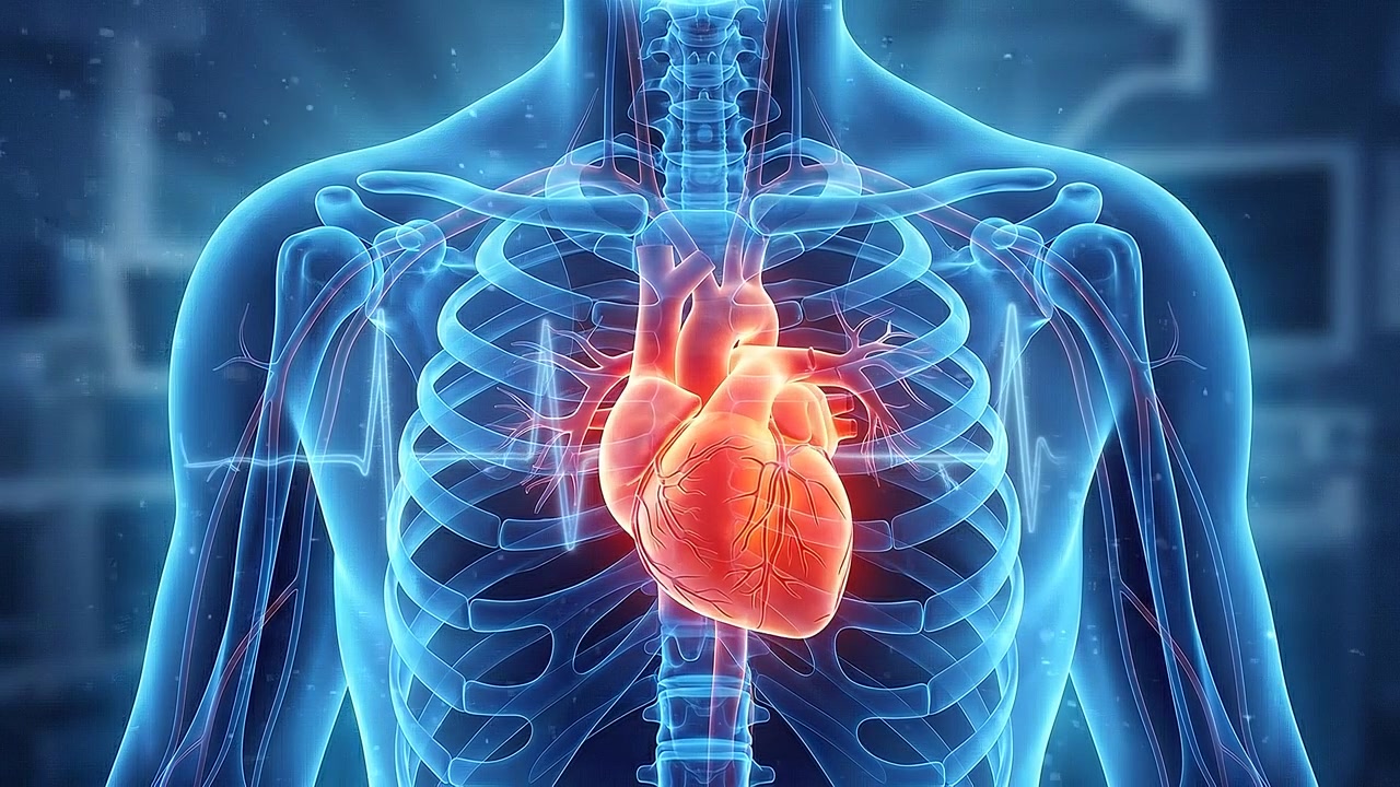 Bright human heart visible inside transparent chest and circulatory network