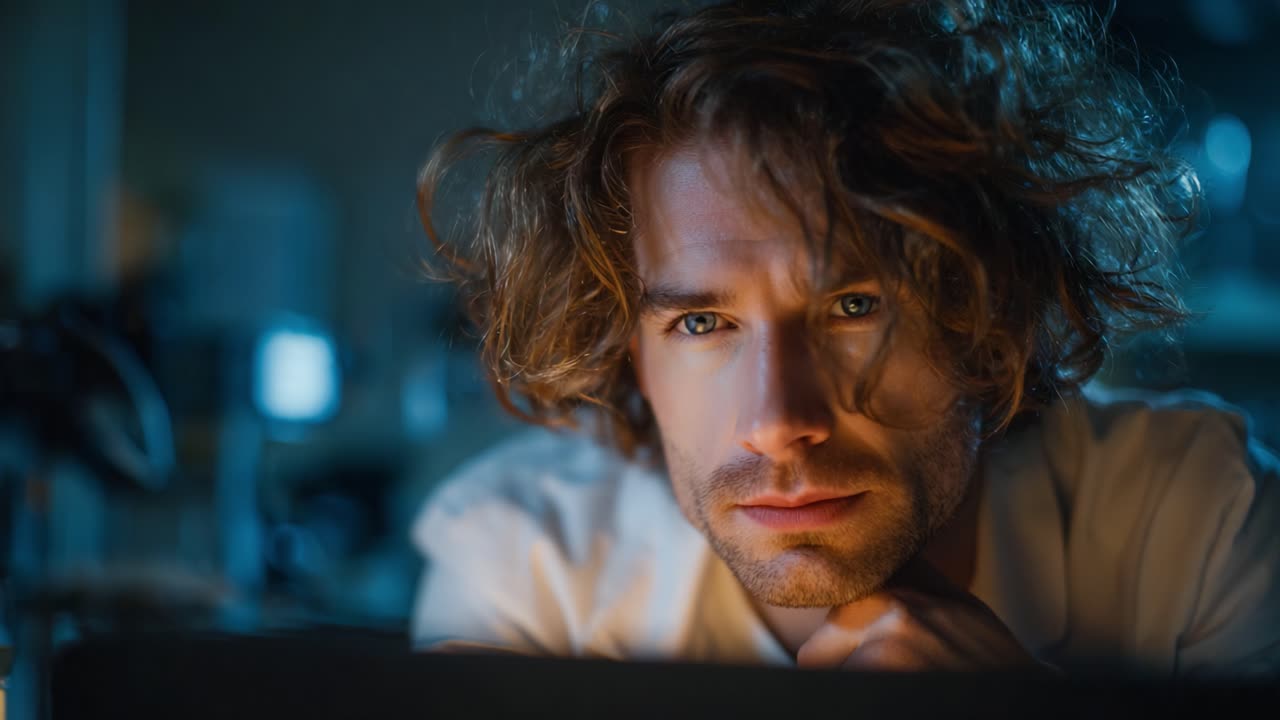 Intense Focus: A Thoughtful Man with Messy Hair Contemplates Life While Staring Deeply at a Laptop in a Dimly Lit Room