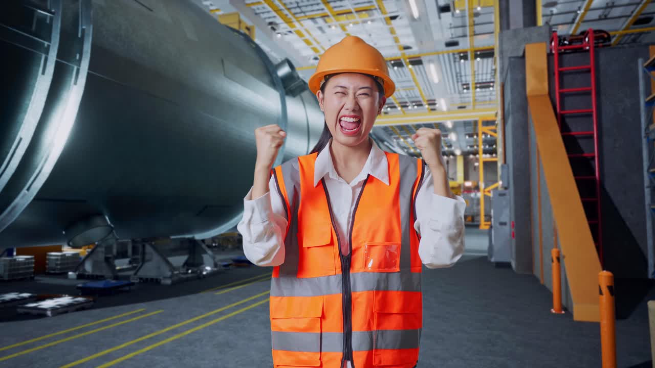 행복한 엔지니어가 공장에서 성공을 축하하고 있습니다.