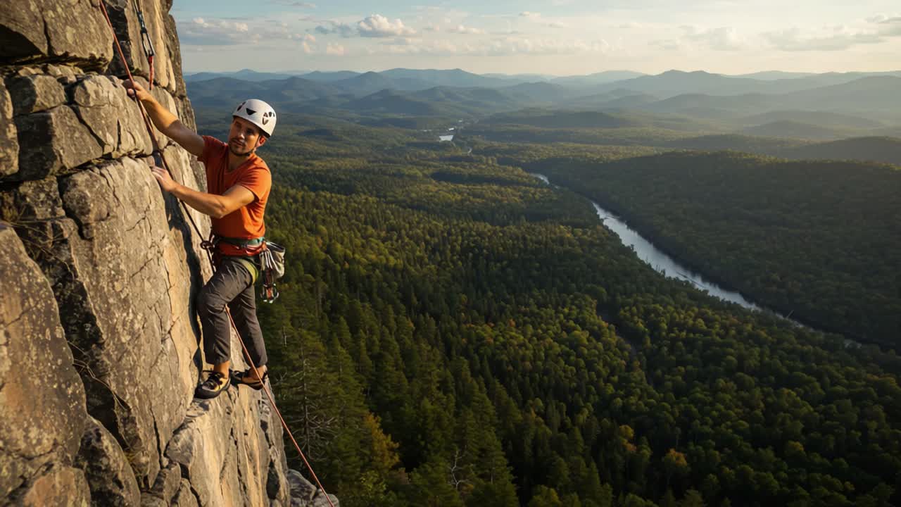 A determined climber skillfully ascends a rugged rock face surrounded by breathtaking vistas of mountains and forests, showcasing the beauty of outdoor adventure in nature.