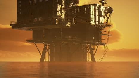 old oil platform during sunset in ocean