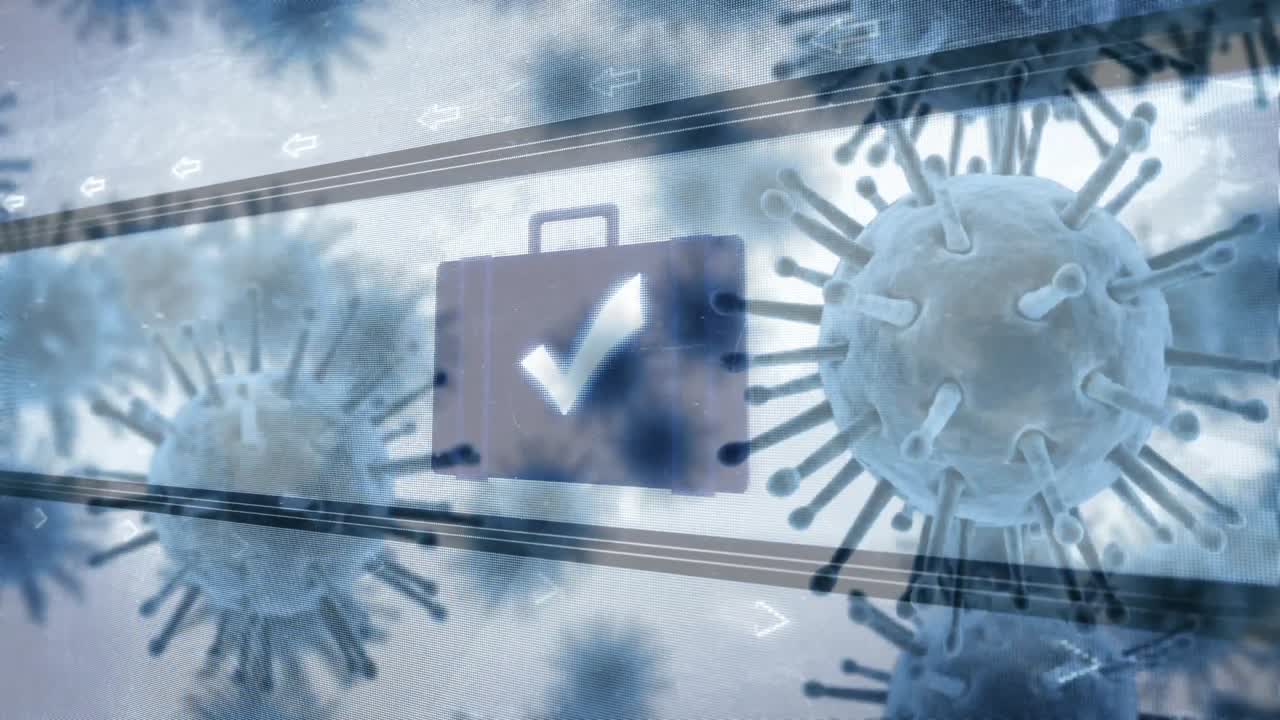 파란색 기호 위에 퍼지는 거대 코로나바이러스 코로나19 세포의 애니메이션