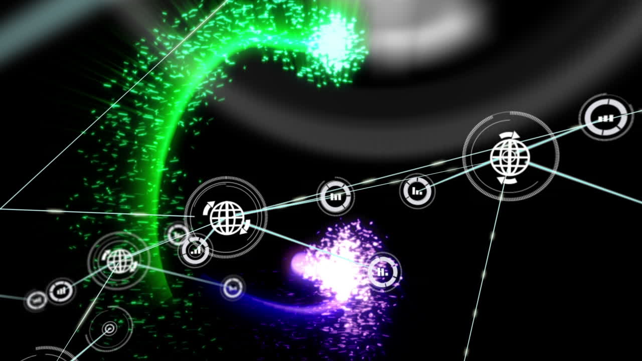 Animation of network of connections with icons over dark background