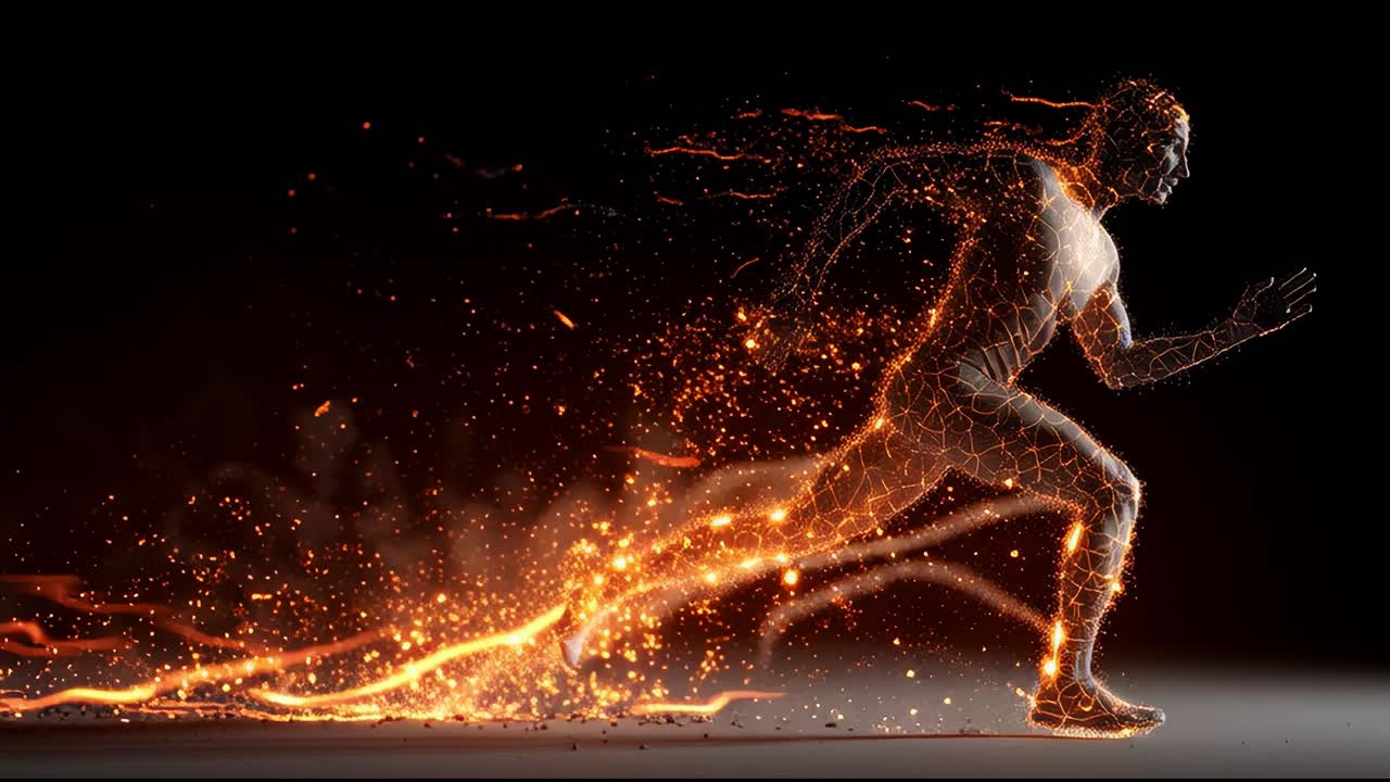 Dynamic Visual of a Fiery Runner: A Striking Representation of Motion and Energy as a Human Form Blazes Forward with Electrifying Speed and Vibrant Light, Capturing the Essence of Movement