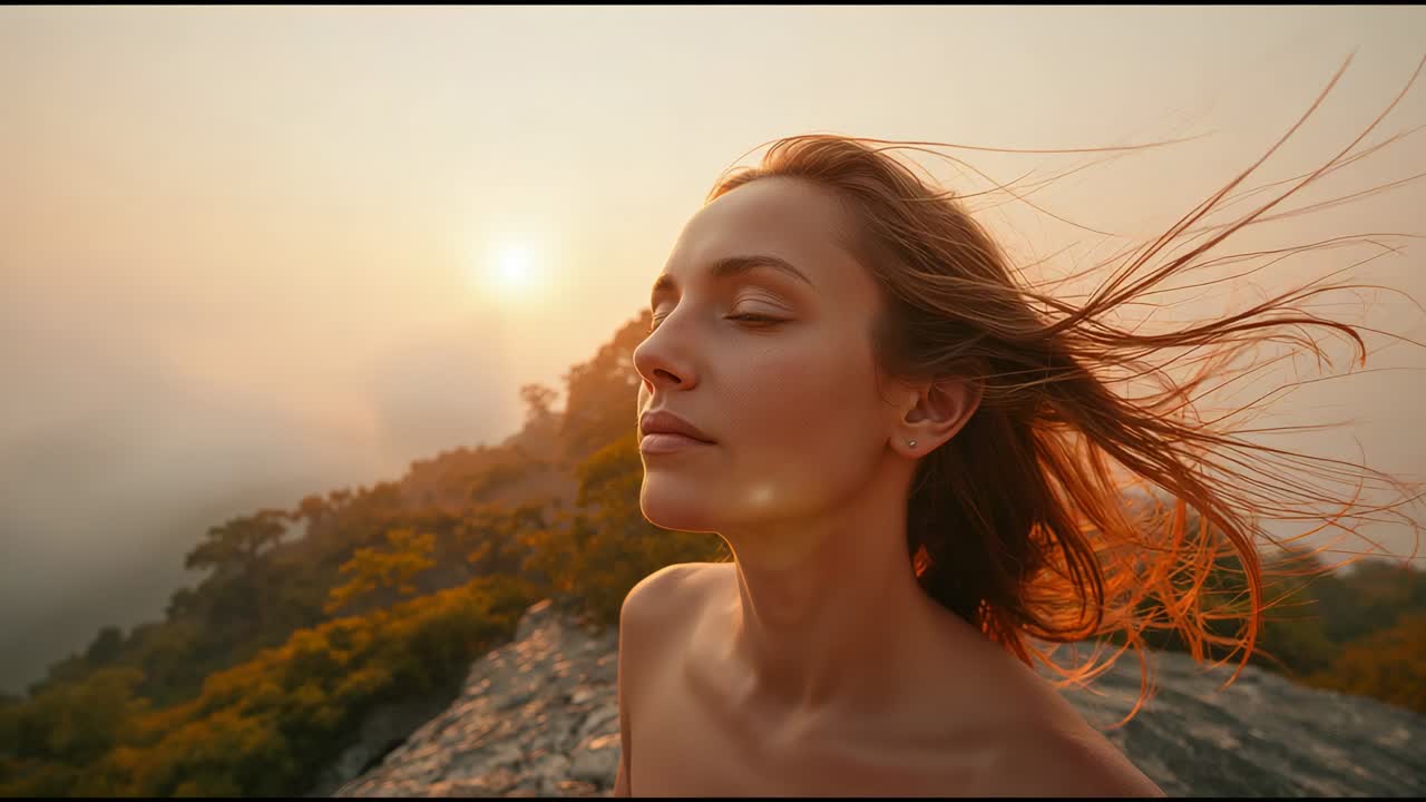 Standing woman letting breeze lift hair while savoring sunset in strapless top on cliff, lens flare