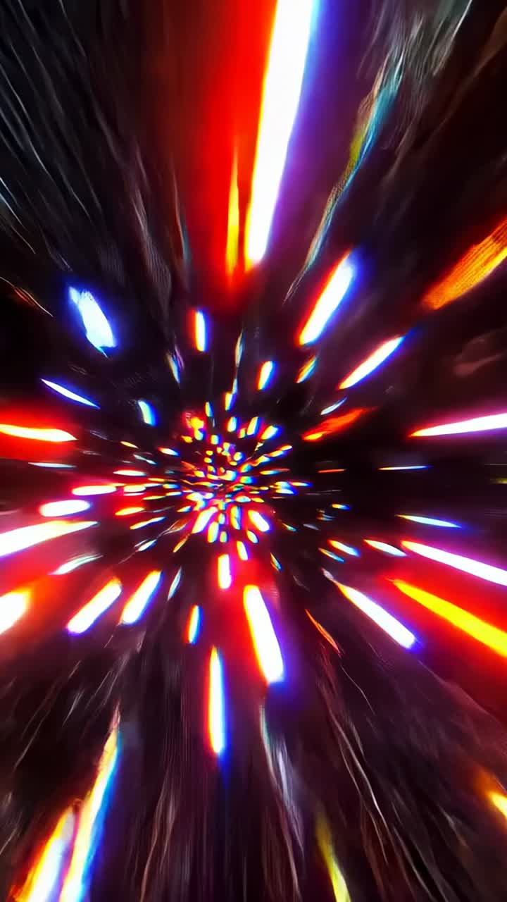 Vertical video: Zooming causing central cluster pulsing and stretching in dark frame, radial beams