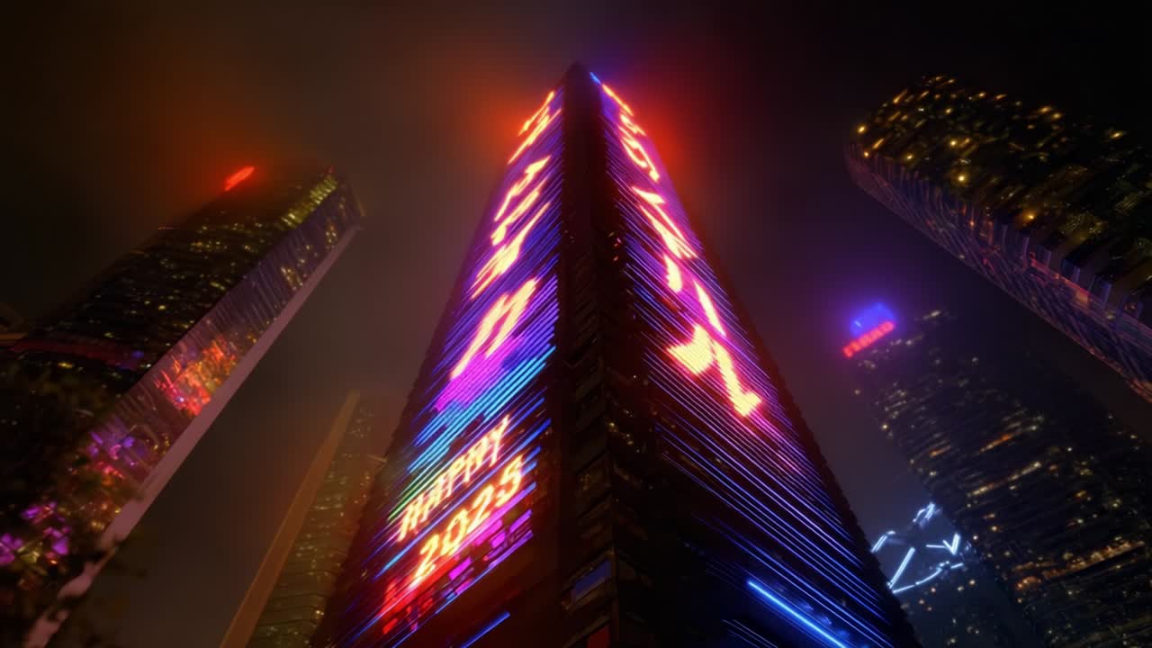 A Dazzling Skyscraper Illuminated by Vibrant Neon Lights in a Foggy Urban Nightscape, Highlighting Digital Displays and Contemporary Architecture with a Stunning Futuristic Vibe