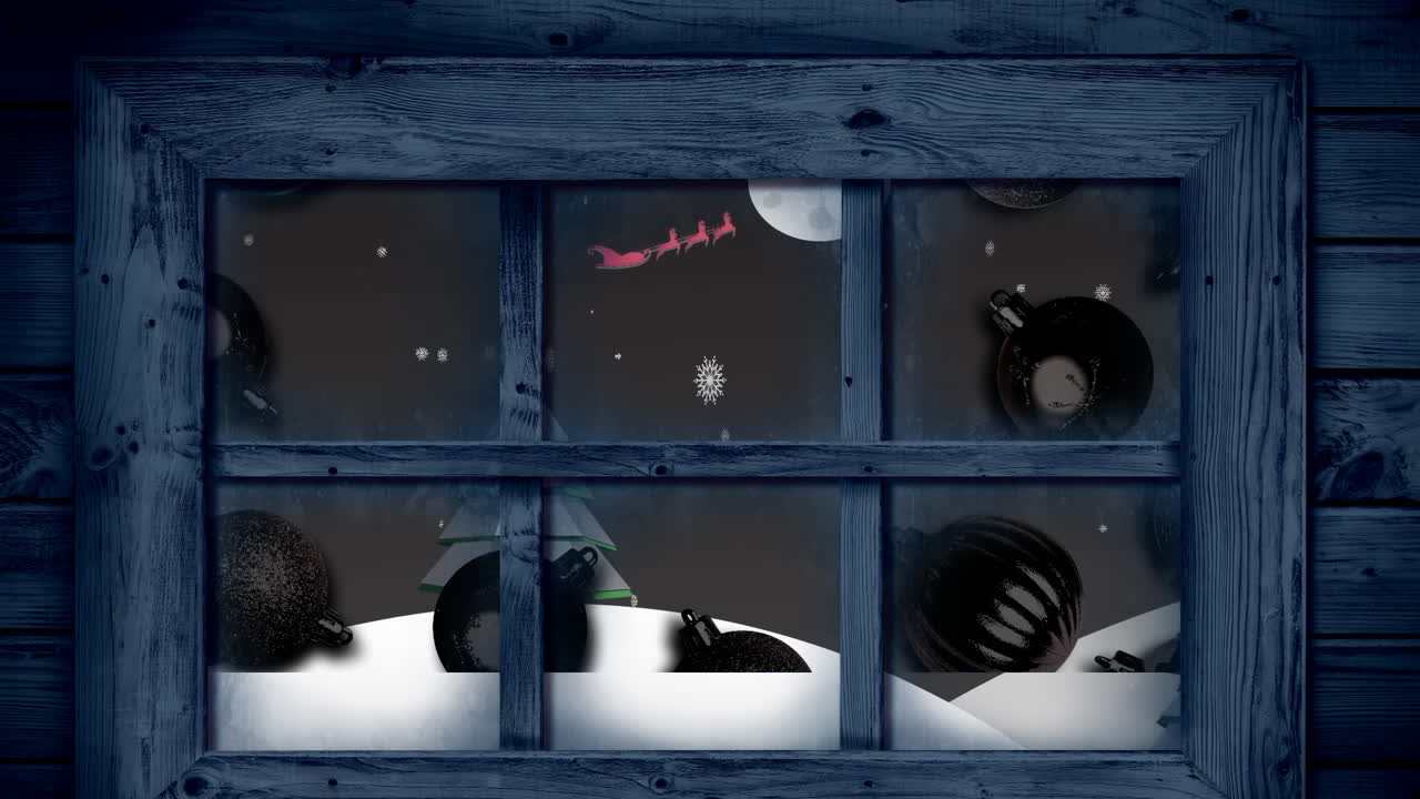 크리스마스 공예품과 겨울 풍경 위에 내리는 눈 위에 나무 창문 프레임