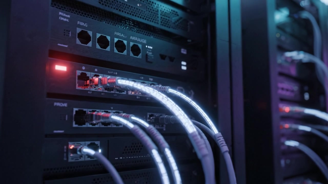 Advanced Data Center Network Setup with High-Tech Servers and Glowing Cables for Optimized Connectivity and Performance in a Modern Digital Environment