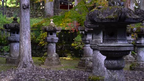 beaux piliers de pierre japonais à l'intérieur du sanctuaire japonais pendant les couleurs d'automne